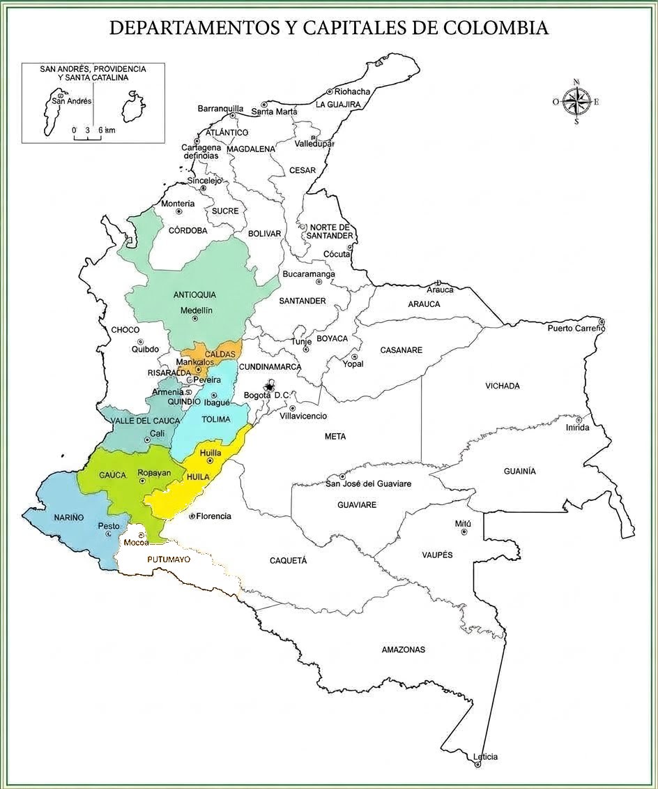 Mapa de Colombia con los departamentos de cobertura de ORG Valle del Pacífico: Antioquia, Caldas, Cauca, Huila, Nariño, Risaralda, Tolima y Valle del Cauca.