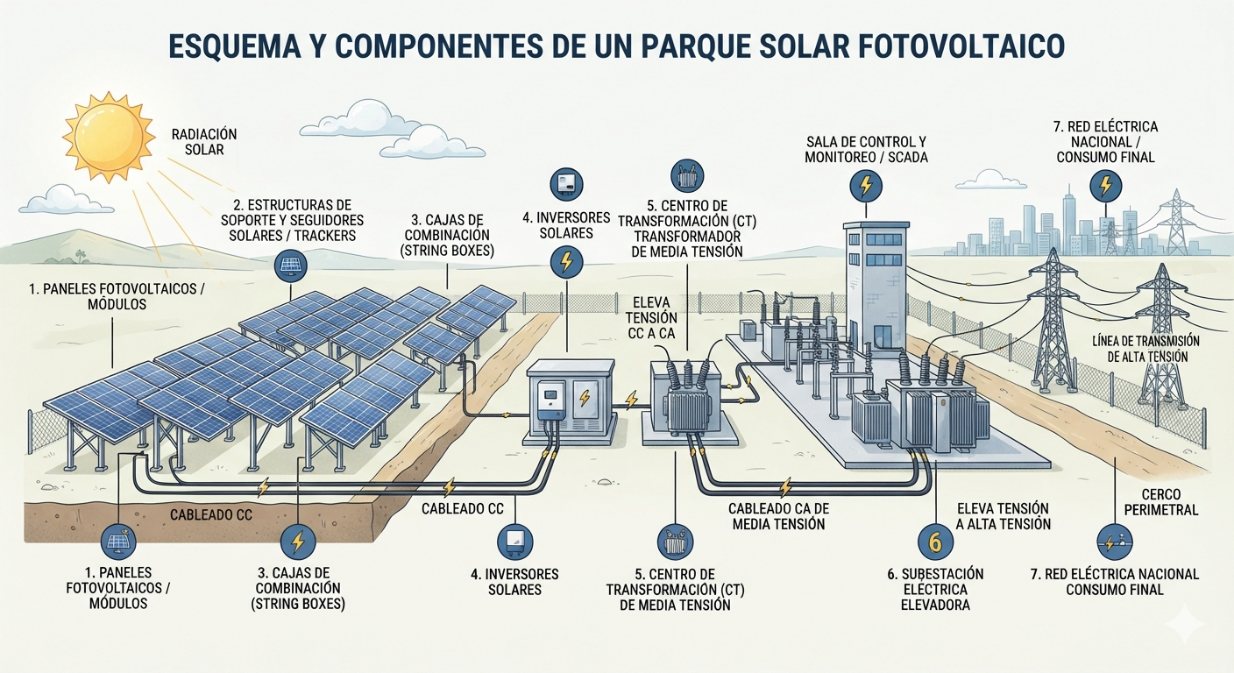 Esquema de un parque solar fotovoltaico con paneles, inversores, centro de transformación, subestación y conexión a la red eléctrica nacional.