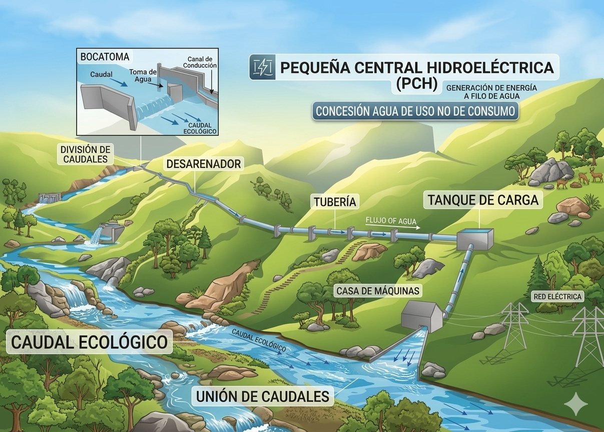 Esquema de una Pequeña Central Hidroeléctrica a filo de agua: bocatoma, desarenador, tubería, tanque de carga, casa de máquinas y caudal ecológico.